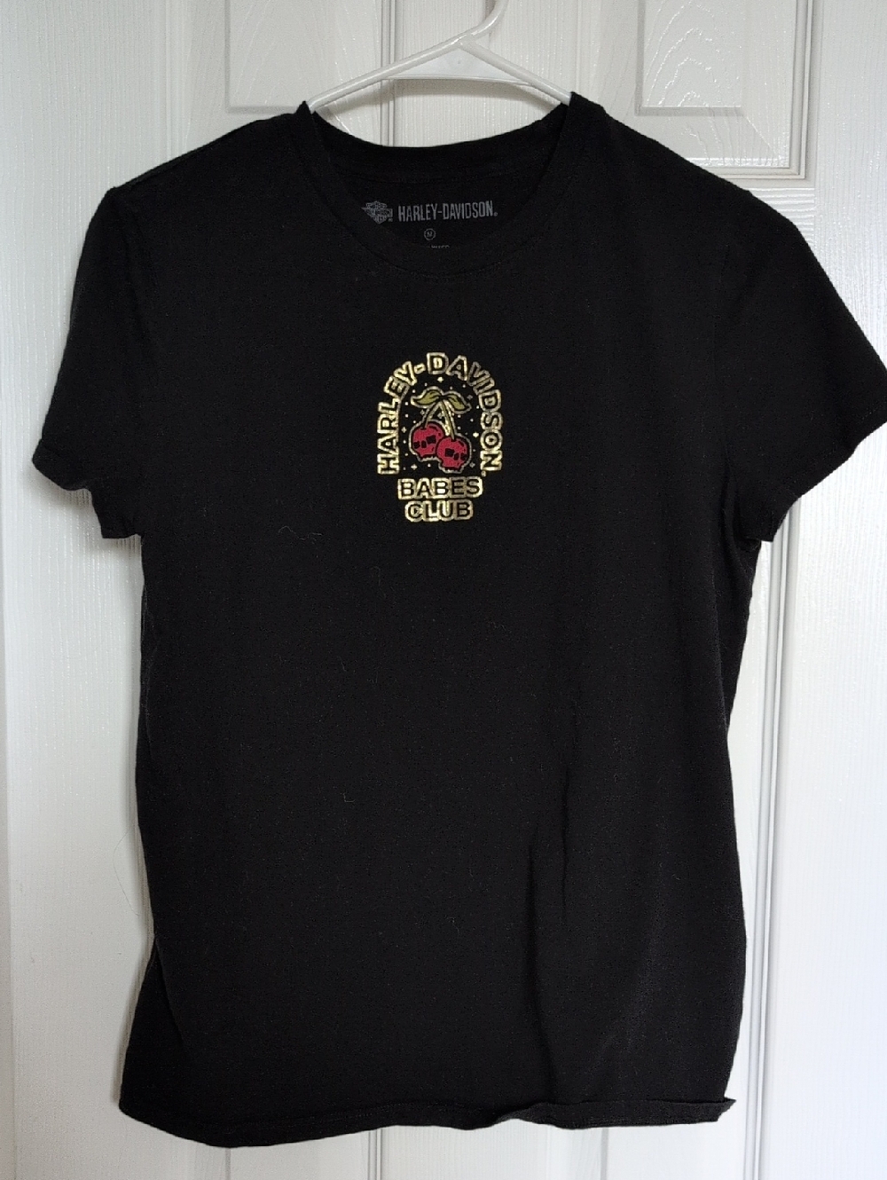 Ladies Harley-Davidson Black Tee W/Metallic Gold & Red 'Babes Club' Graphics Med